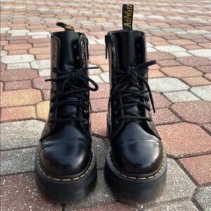 Dr. Martens Black Combat Boots with Chunky Sole and Yellow Stitching